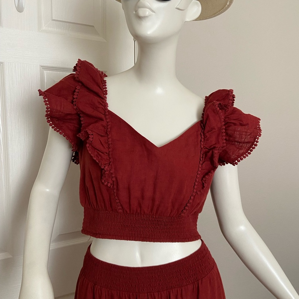 Express Rust Burgundy Linen Ruffle Top and Skirt Set Size Medium - Picture 11 of 11
